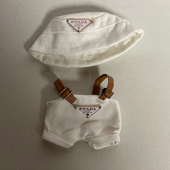 Designer Overalls Bucket Hat Bag 3 Piece Outfit For Labubu White - Picture 5 of 13